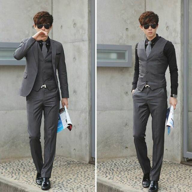 3 in 1 jas blazer bahan hightwist slimfit Abu, Blazer Pria Abu
