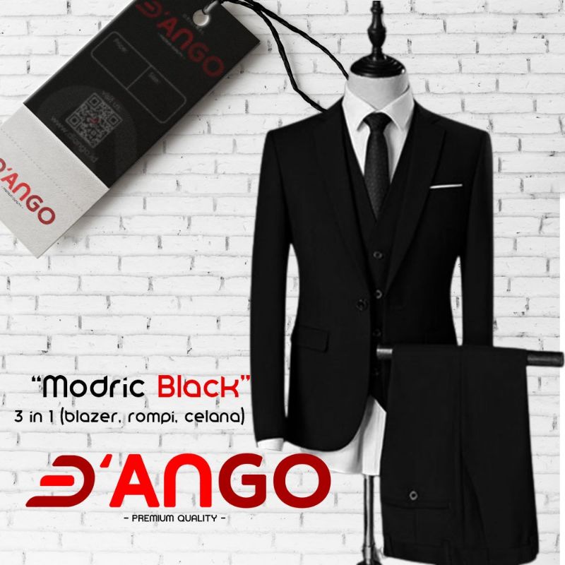 3 in 1 Blazer Hitam Saku List Putih (Blazer+Rompi+Celana)